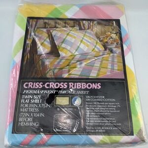 Vintage Sears Country Mixables Twin Size Flat Sheet 1970s NEW Criss Cross Ribbon